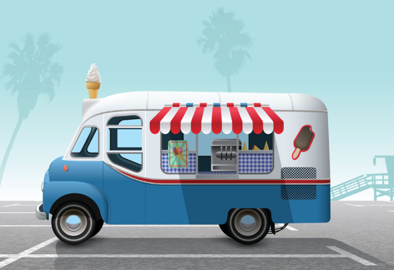 Illustration of an ice cream truck with a striped awning and soft-serve cone.